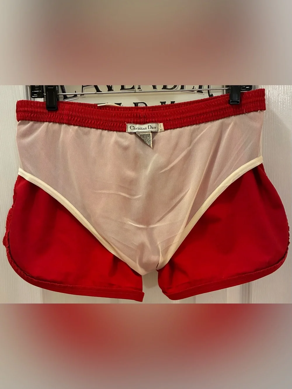 Vintage Christian Dior Men’s Red Dolphin Hem Swim Trunks with Navy Piping
